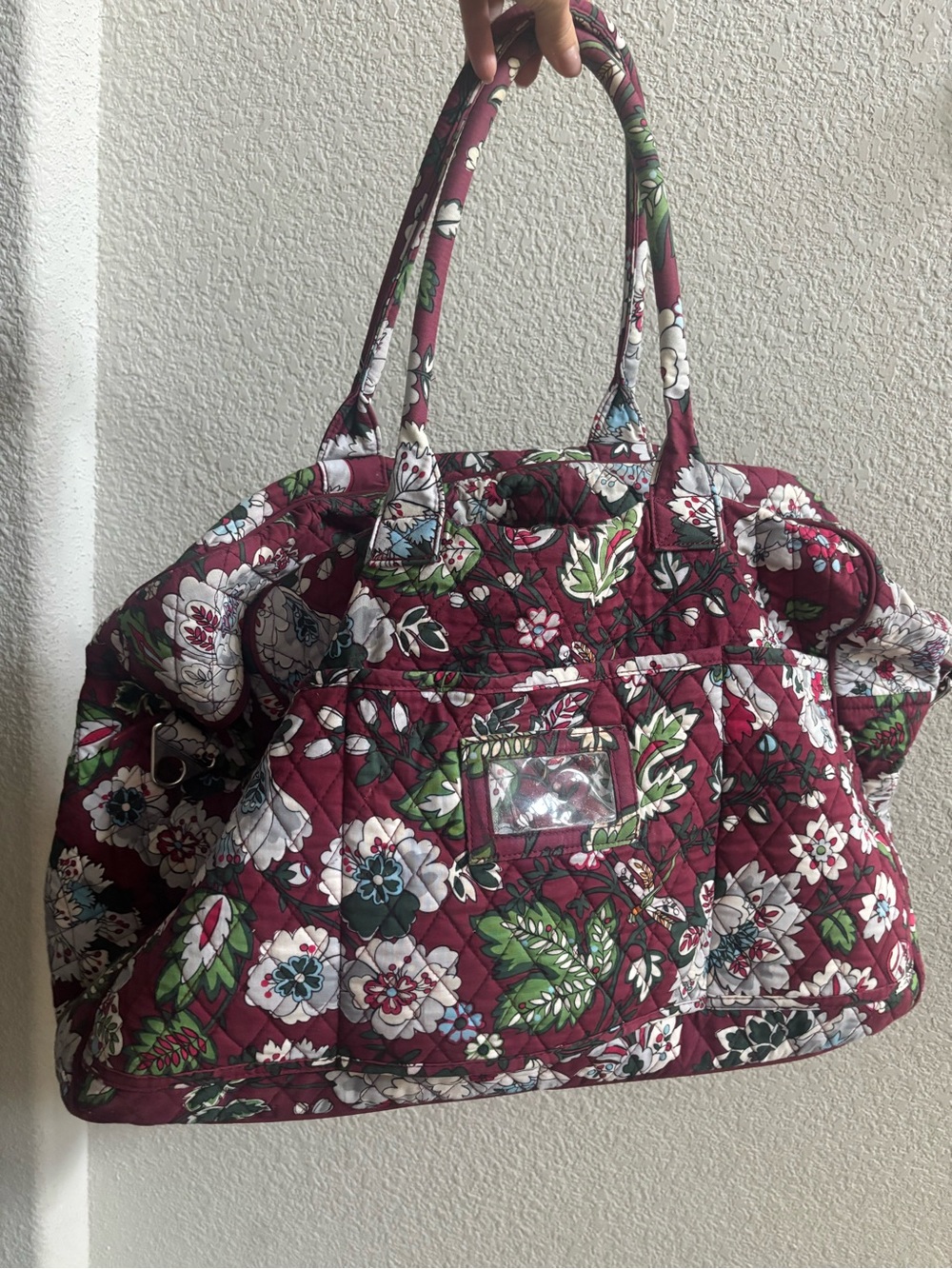 Vera Bradley Burgundy Quilted Floral Tote with Green & White Accents